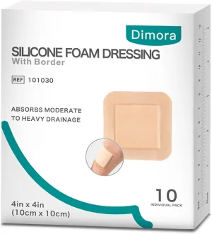 Dimora Silicone Foam Dressing with Border Adhesive 4"x4" Wound Dressing First Aid Bandage for Wound Care 10 Pack FSA/HSA Approved