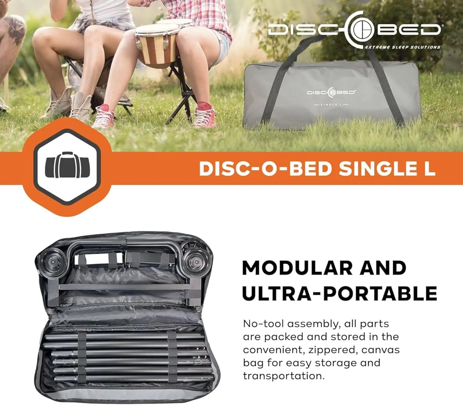 Disc-O-Bed Large Outdoor Modular 1 Person Single Camping Cot Portable Bed with 2 Height Options for Adults, Sleep Solution for Tents, Grey