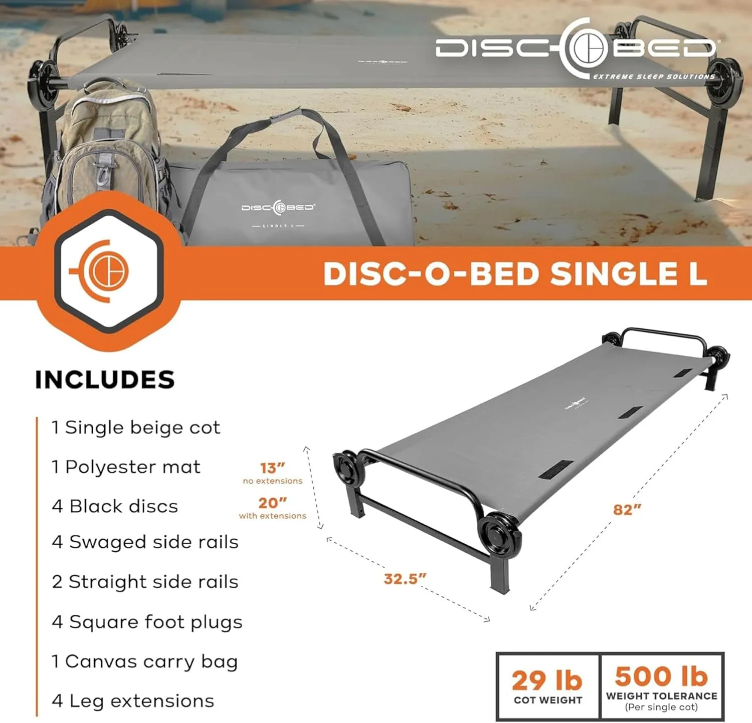 Disc-O-Bed Large Outdoor Modular 1 Person Single Camping Cot Portable Bed with 2 Height Options for Adults, Sleep Solution for Tents, Grey