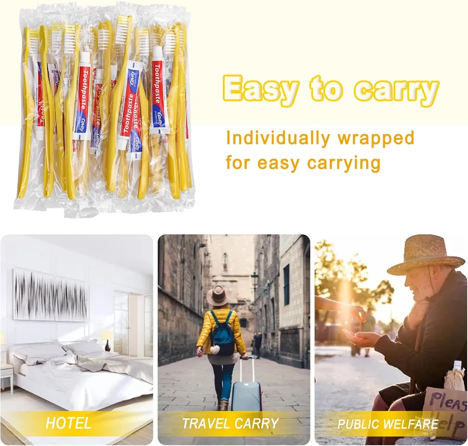 Disposable Toothbrushes with Toothpaste Pack of 200, Yellow Hollow Toothbrush with 10g Toothpaste Individually Wrapped Disposable Travel Toothbrushes Kit in Bulk for Homeless,Airbnb,Hotel,Charity