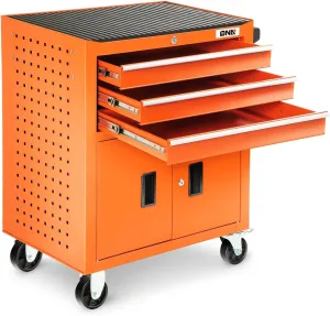 DNA MOTORING 3-Drawers Rubber Top Utility Rolling Tool Chest Cabinet with Wheels, Heavy Duty Industrial Service Cart Keyed Locking System, for Garage Warehouse Workshop, Orange, TOOLS-00405
