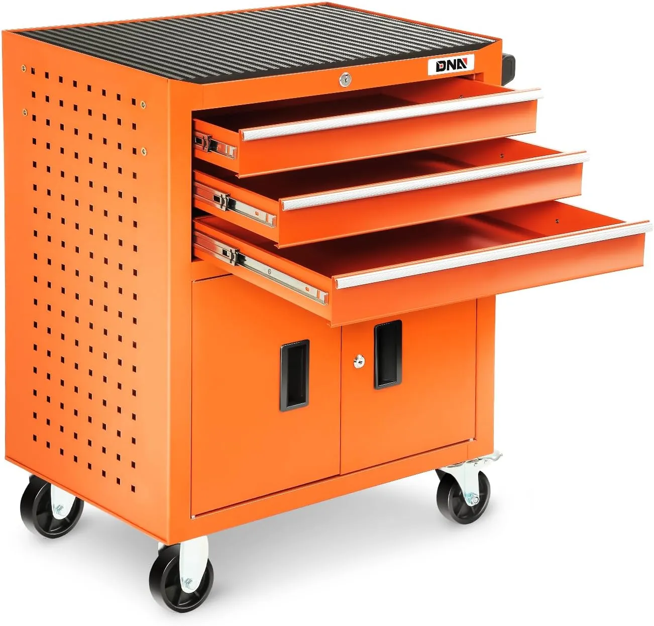 DNA MOTORING 3-Drawers Rubber Top Utility Rolling Tool Chest Cabinet with Wheels, Heavy Duty Industrial Service Cart Keyed Locking System, for Garage Warehouse Workshop, Orange, TOOLS-00405