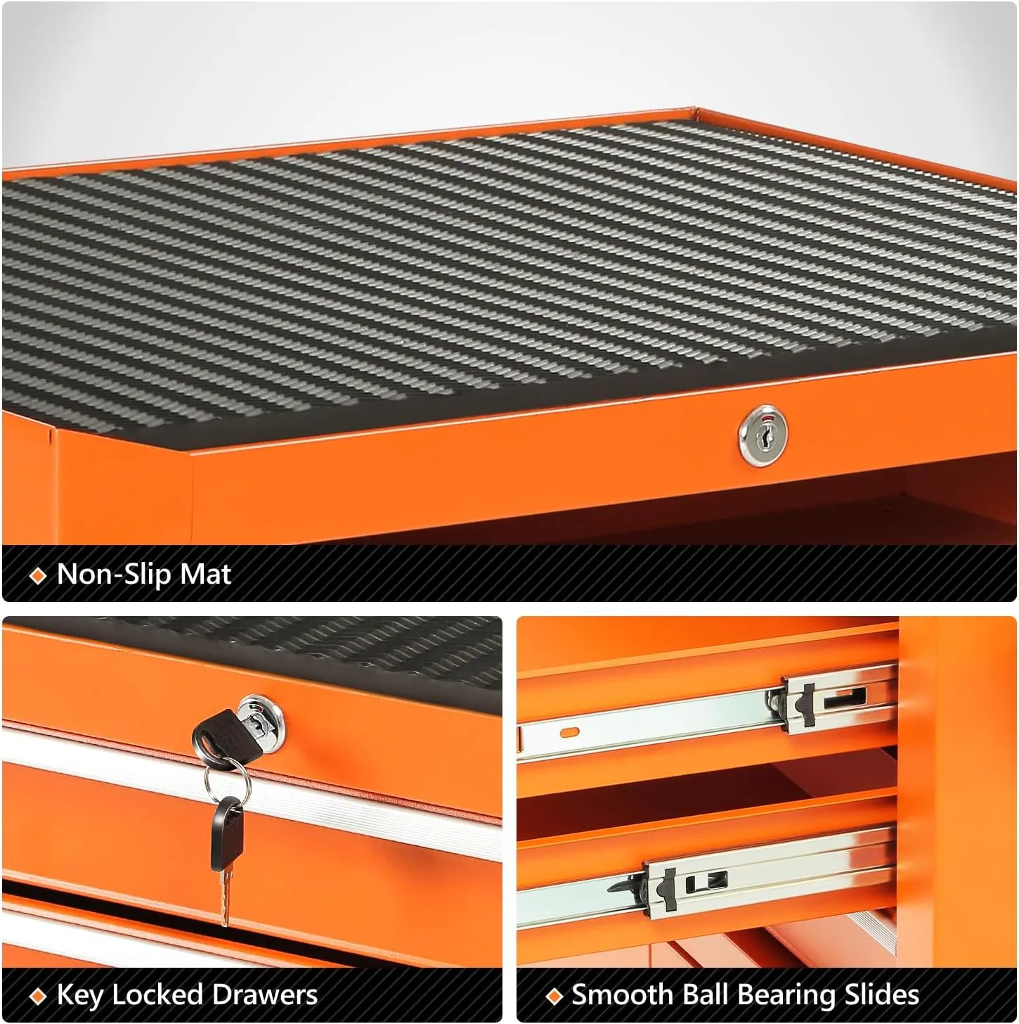 DNA MOTORING 3-Drawers Rubber Top Utility Rolling Tool Chest Cabinet with Wheels, Heavy Duty Industrial Service Cart Keyed Locking System, for Garage Warehouse Workshop, Orange, TOOLS-00405