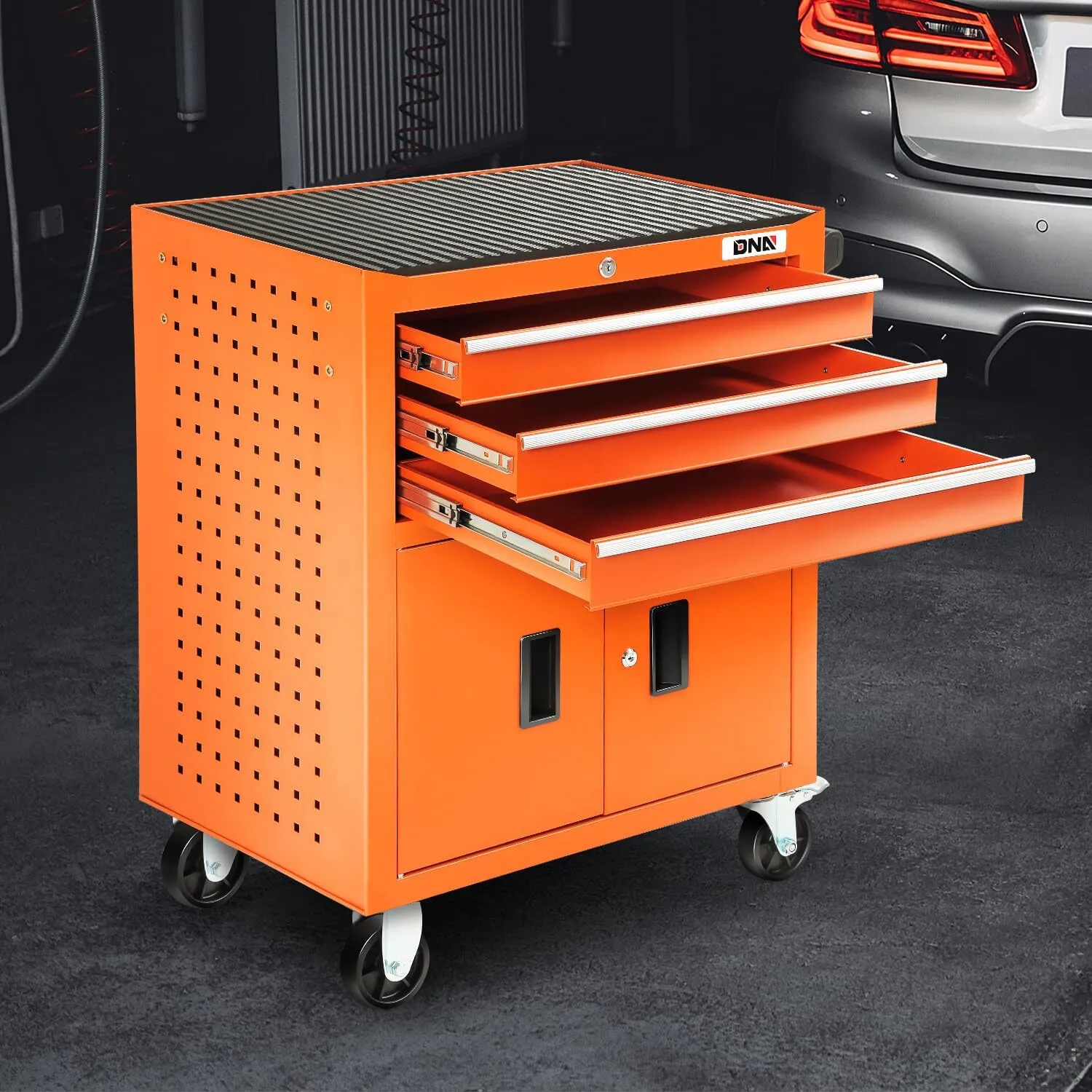 DNA MOTORING 3-Drawers Rubber Top Utility Rolling Tool Chest Cabinet with Wheels, Heavy Duty Industrial Service Cart Keyed Locking System, for Garage Warehouse Workshop, Orange, TOOLS-00405
