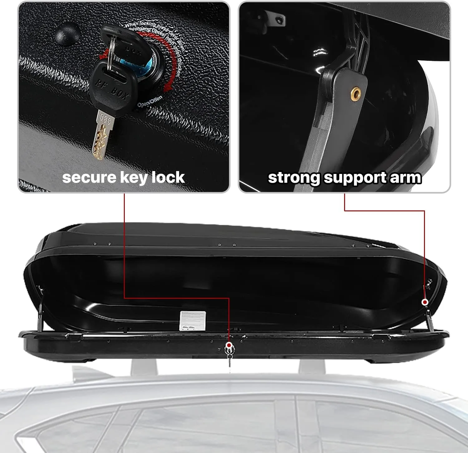 DNA MOTORING Extra Long XXL Rooftop Cargo Carrier Luggage Case Lockable Heavy Duty Roof Storage Box w/Lock Keys, 110Lb Capacity, 17 Cubic Ft.(Glossy Black),PT-ZTL-8295-GSBK