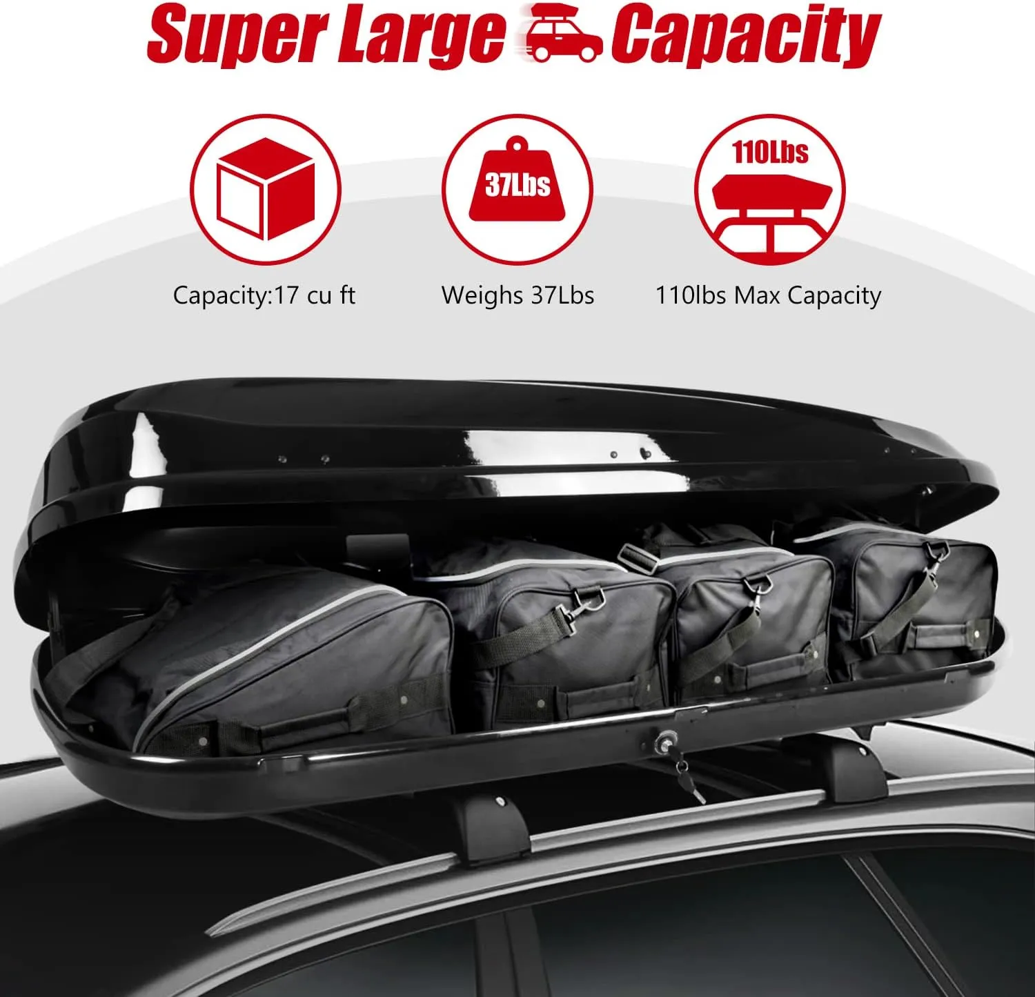 DNA MOTORING Extra Long XXL Rooftop Cargo Carrier Luggage Case Lockable Heavy Duty Roof Storage Box w/Lock Keys, 110Lb Capacity, 17 Cubic Ft.(Glossy Black),PT-ZTL-8295-GSBK