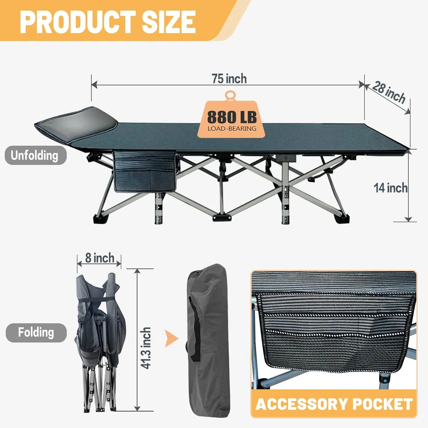DoCred Folding Camping Cot with Mattress, 2 Pack Heavy Duty Folding Cot for Adults, Portable Sleeping Cot Bed Adults Outdoor Bed with Carry Bag, Travel Camp Cots