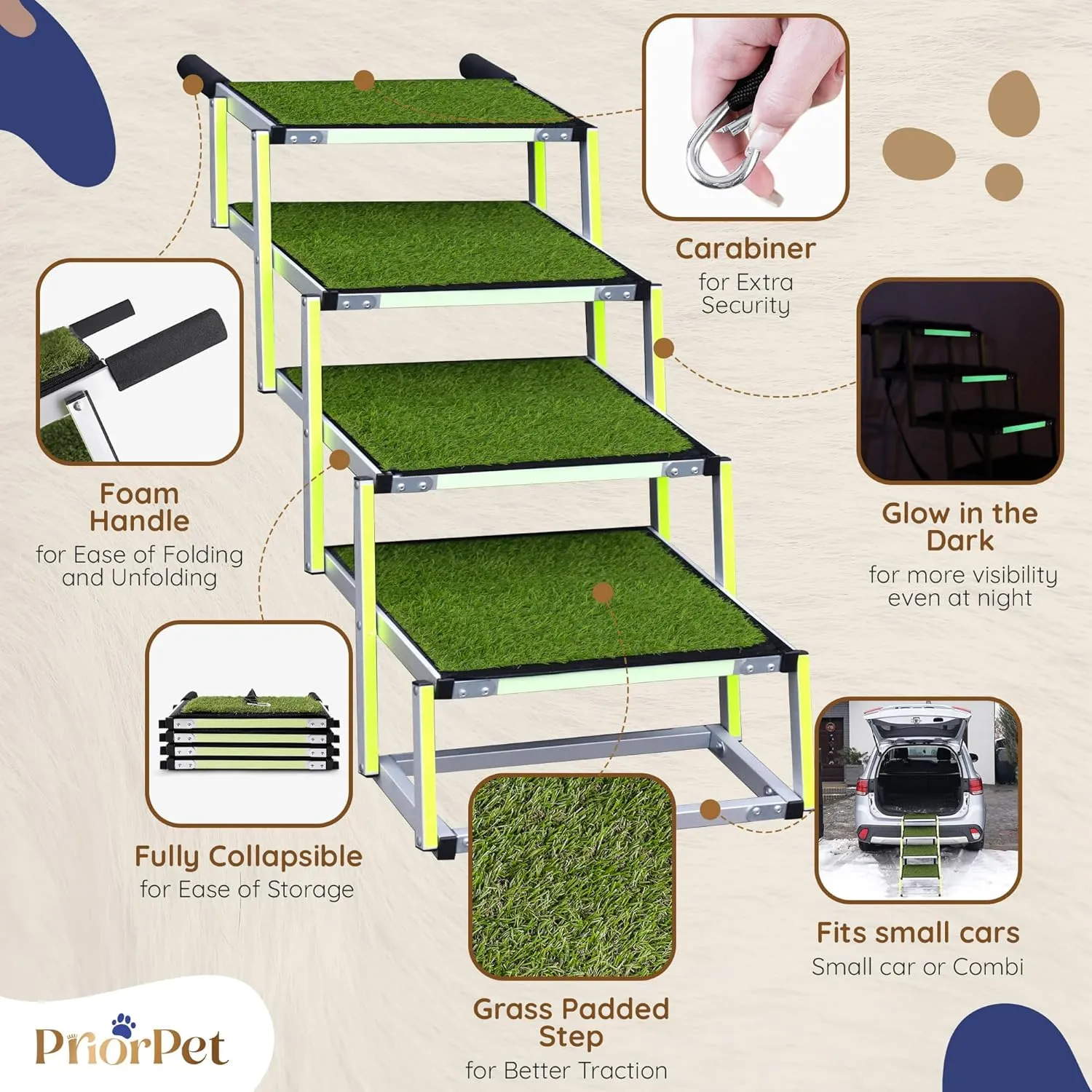 Dog Stairs for Large Dogs PRIORPET - Glow in The Dark Marking - Foldable Dog ramp for Car Small to Medium Size- Dog Steps for Car - Grass Padded Dog Steps for Large Dog - Pet Stairs 4 Steps