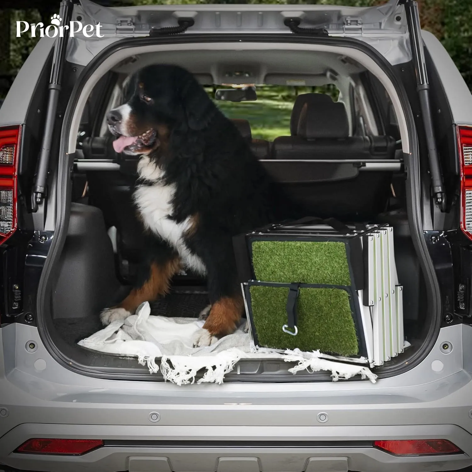 Dog Stairs for Large Dogs PRIORPET - Glow in The Dark Marking - Foldable Dog ramp for Car Small to Medium Size- Dog Steps for Car - Grass Padded Dog Steps for Large Dog - Pet Stairs 4 Steps