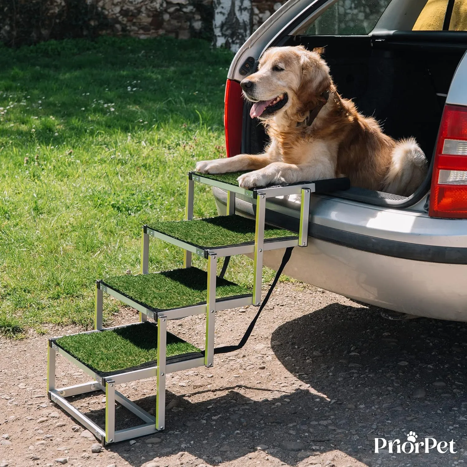 Dog Stairs for Large Dogs PRIORPET - Glow in The Dark Marking - Foldable Dog ramp for Car Small to Medium Size- Dog Steps for Car - Grass Padded Dog Steps for Large Dog - Pet Stairs 4 Steps