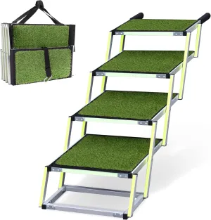 Dog Stairs for Large Dogs PRIORPET - Glow in The Dark Marking - Foldable Dog ramp for Car Small to Medium Size- Dog Steps for Car - Grass Padded Dog Steps for Large Dog - Pet Stairs 4 Steps
