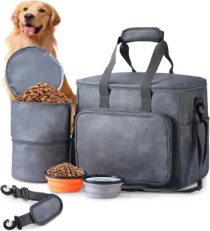 Dog Travel Bag, Leather Travel Pet Bag Set for Dog and Cat, Airline Approved Tote Organizer with Multi-Function Pockets, 2 Food Storage Containers, 2 Collapsible Bowls