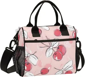 Doodle Cherry and Bow Lunch Bag, Reusable Handheld Portable Insulated Lunch Bag with Removable Shoulder Strap