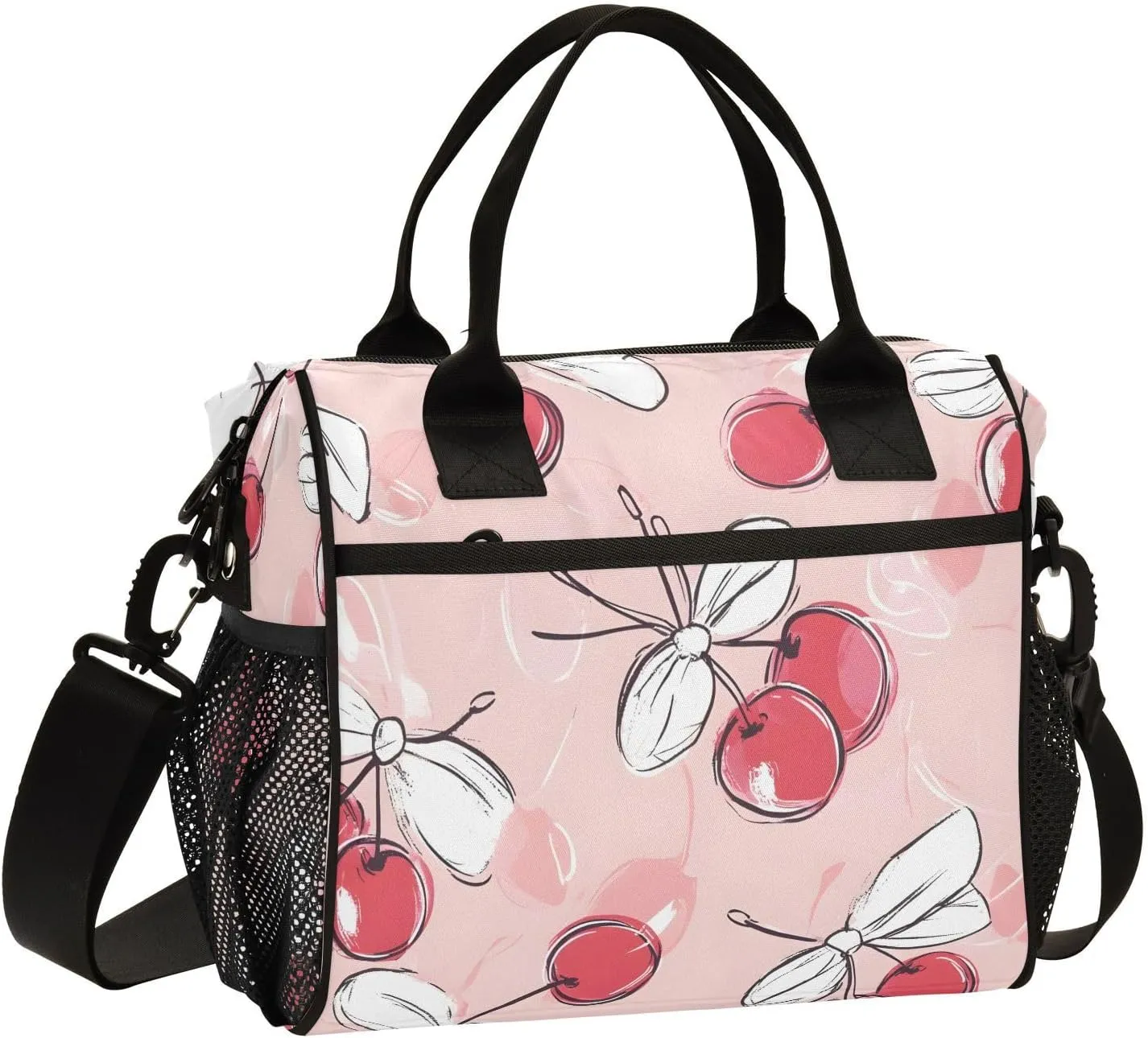 Doodle Cherry and Bow Lunch Bag, Reusable Handheld Portable Insulated Lunch Bag with Removable Shoulder Strap