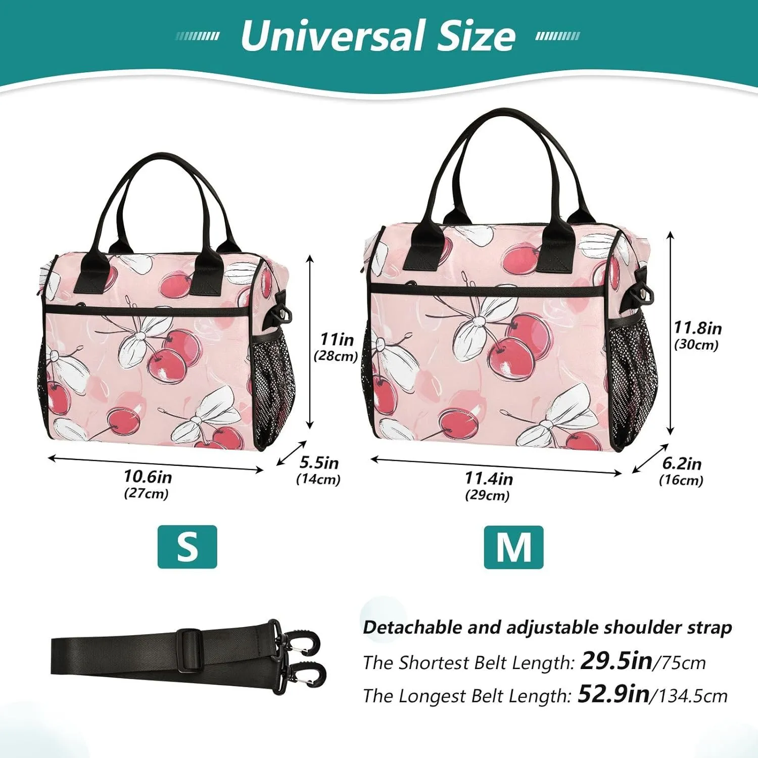 Doodle Cherry and Bow Lunch Bag, Reusable Handheld Portable Insulated Lunch Bag with Removable Shoulder Strap