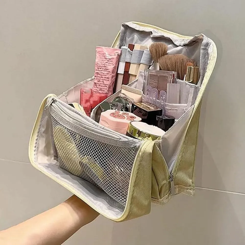 Doresty Makeup Bag, Large Capacity Standing Make up Bags, Multifunctional Waterproof Cosmetic Organizer, Multi-purpose Portable Oxford Handbag with Compartments for Travel Work Home(Beige)
