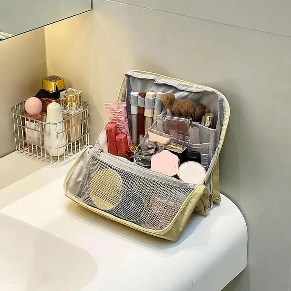 Doresty Makeup Bag, Large Capacity Standing Make up Bags, Multifunctional Waterproof Cosmetic Organizer, Multi-purpose Portable Oxford Handbag with Compartments for Travel Work Home(Beige)