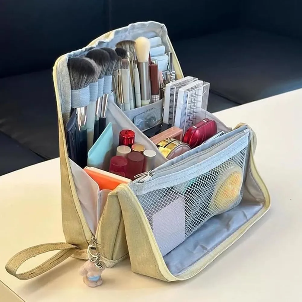 Doresty Makeup Bag, Large Capacity Standing Make up Bags, Multifunctional Waterproof Cosmetic Organizer, Multi-purpose Portable Oxford Handbag with Compartments for Travel Work Home(Beige)