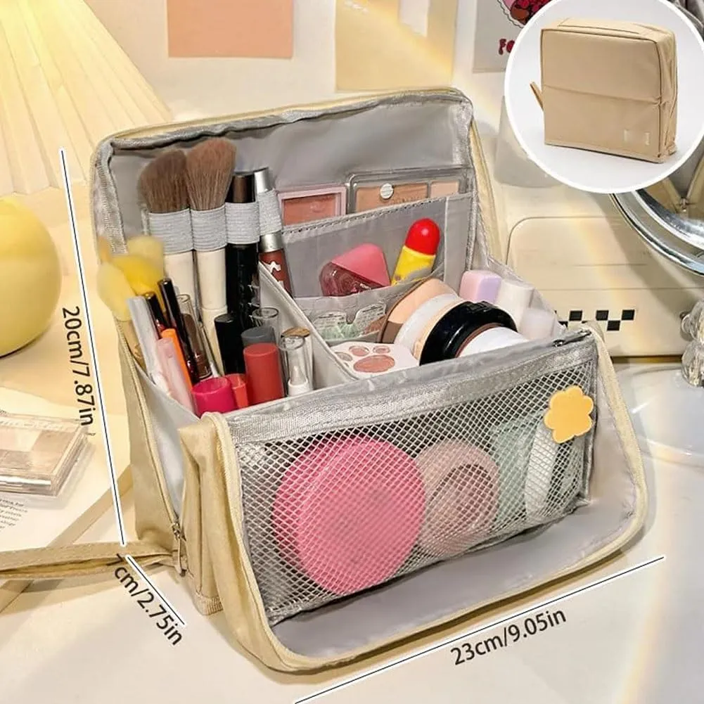 Doresty Makeup Bag, Large Capacity Standing Make up Bags, Multifunctional Waterproof Cosmetic Organizer, Multi-purpose Portable Oxford Handbag with Compartments for Travel Work Home(Beige)