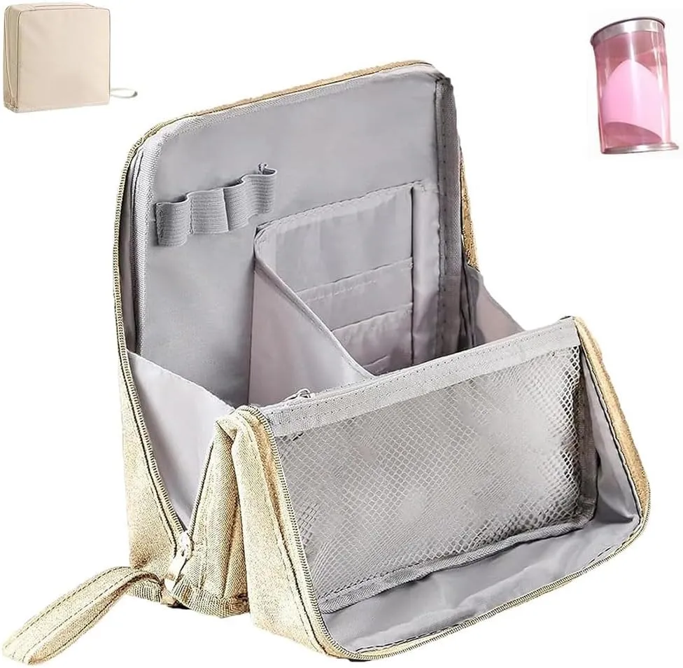 Doresty Makeup Bag, Large Capacity Standing Make up Bags, Multifunctional Waterproof Cosmetic Organizer, Multi-purpose Portable Oxford Handbag with Compartments for Travel Work Home(Beige)