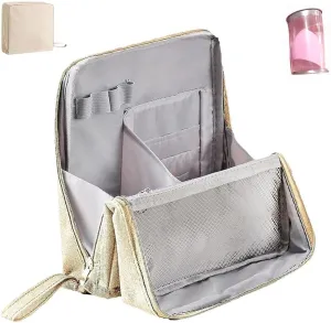 Doresty Makeup Bag, Large Capacity Standing Make up Bags, Multifunctional Waterproof Cosmetic Organizer, Multi-purpose Portable Oxford Handbag with Compartments for Travel Work Home(Beige)