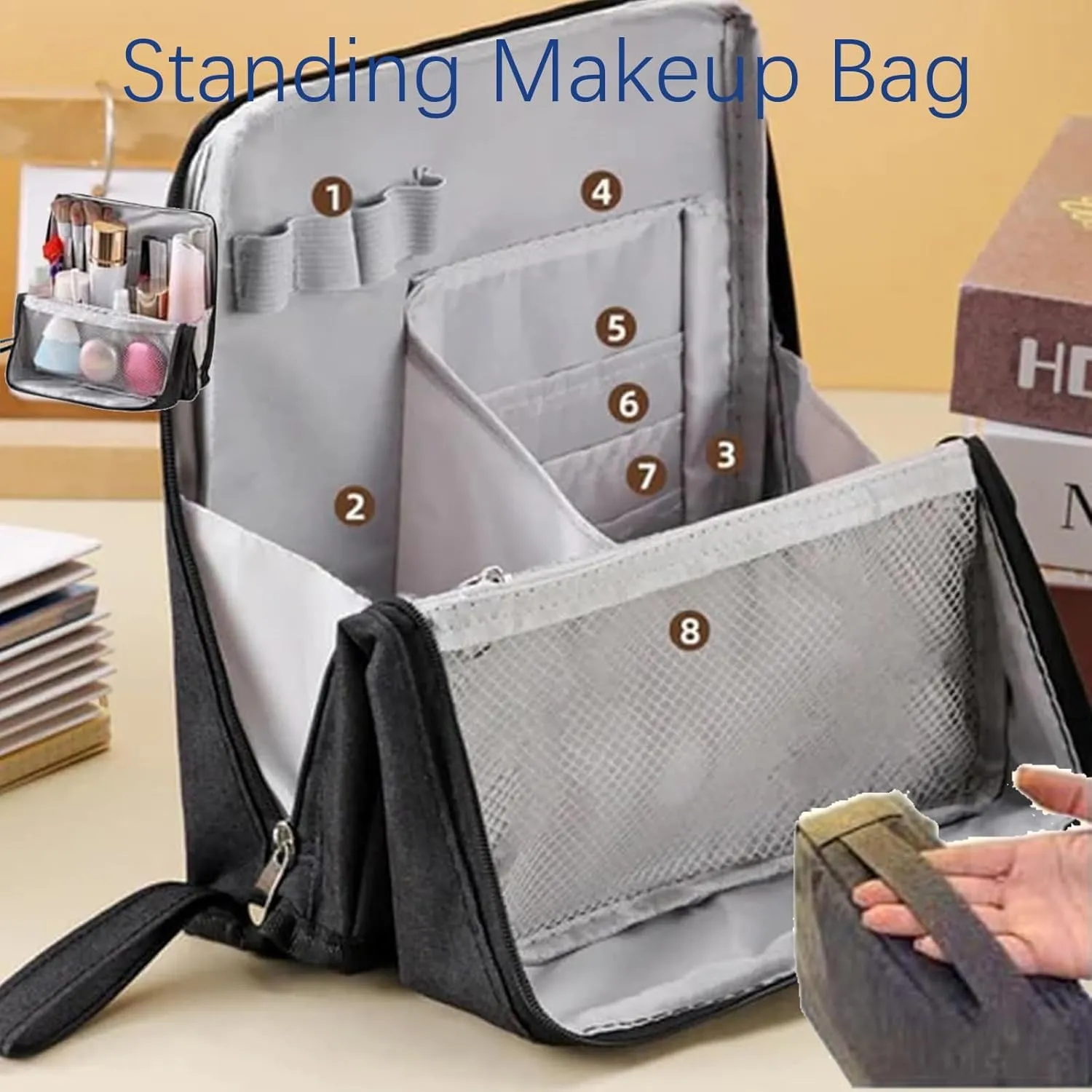 Doresty Makeup Bag, Reusable Portable Doresty Standing Makeup Bag Large Capacity, Folding Vertical Makeing Organizer Bags with Compartments for Travel Work Home (Navy Blue)