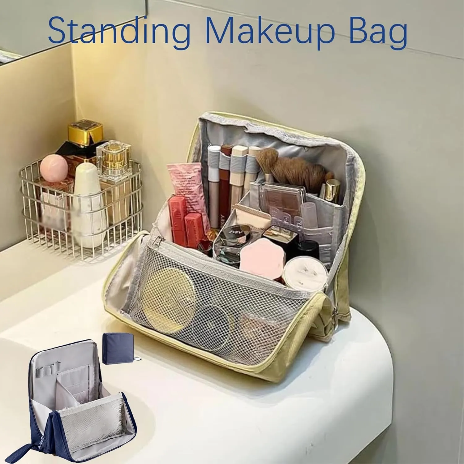 Doresty Makeup Bag, Reusable Portable Doresty Standing Makeup Bag Large Capacity, Folding Vertical Makeing Organizer Bags with Compartments for Travel Work Home (Navy Blue)