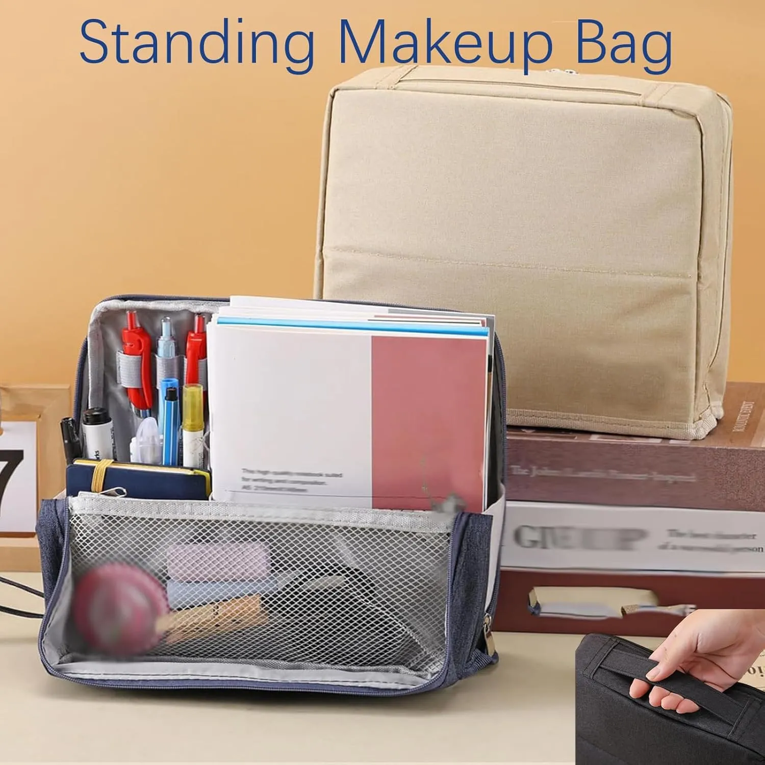 Doresty Makeup Bag, Reusable Portable Doresty Standing Makeup Bag Large Capacity, Folding Vertical Makeing Organizer Bags with Compartments for Travel Work Home (Navy Blue)