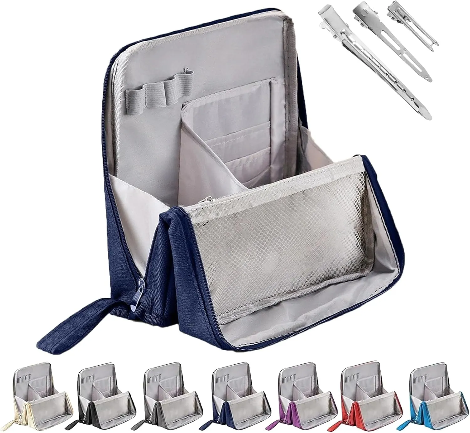 Doresty Makeup Bag, Reusable Portable Doresty Standing Makeup Bag Large Capacity, Folding Vertical Makeing Organizer Bags with Compartments for Travel Work Home (Navy Blue)