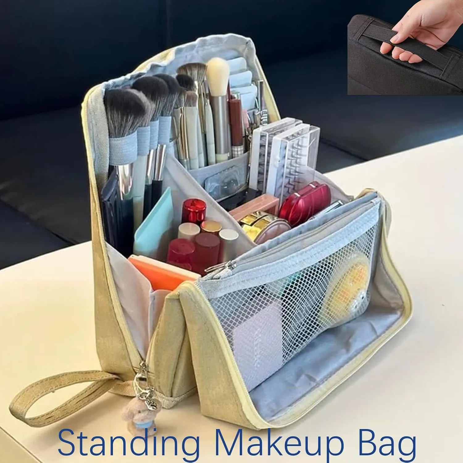 Doresty Makeup Bag, Reusable Portable Doresty Standing Makeup Bag Large Capacity, Folding Vertical Makeing Organizer Bags with Compartments for Travel Work Home (Navy Blue)