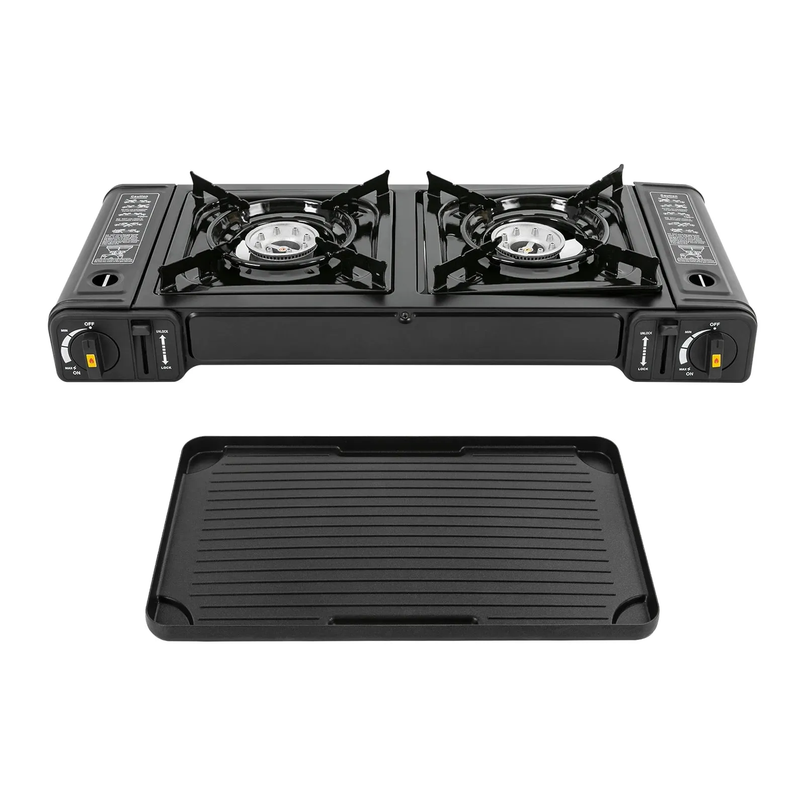 Double Burner Butane Stove Camping Stove Kit with Grill Plate and Carrying Case Portable Auto Ignition Camping Burner LPG