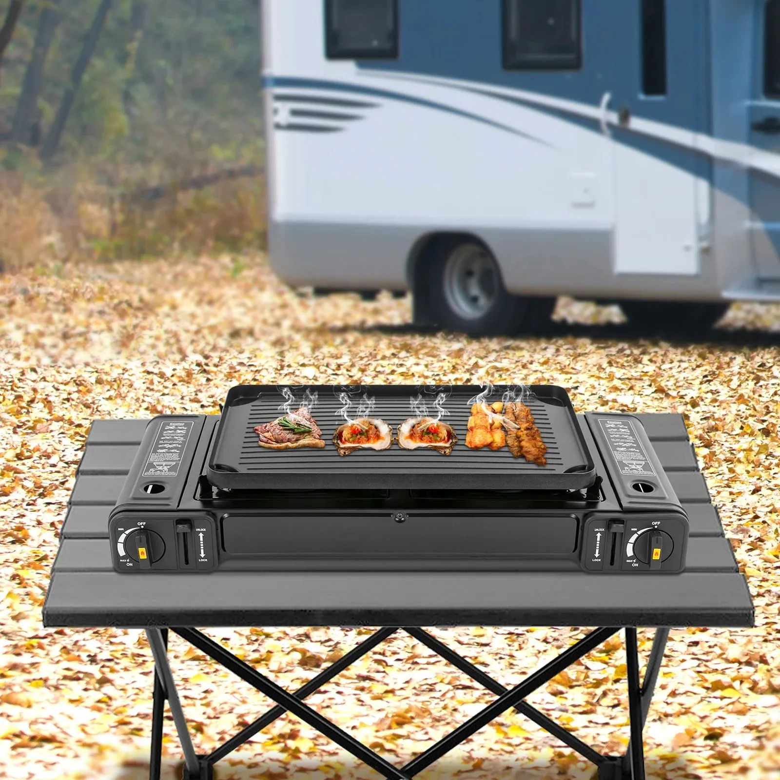 Double Burner Butane Stove Camping Stove Kit with Grill Plate and Carrying Case Portable Auto Ignition Camping Burner LPG