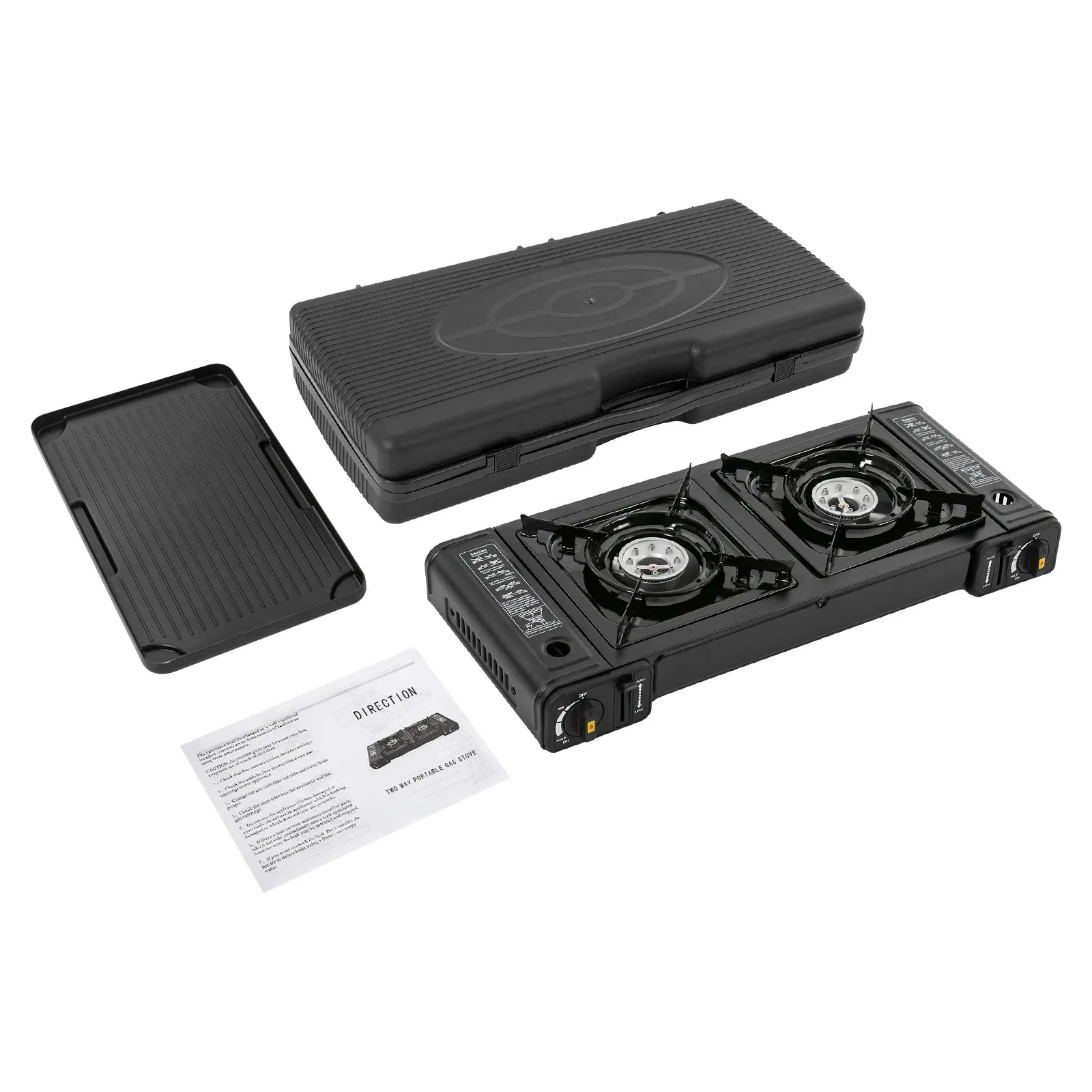 Double Burner Butane Stove Camping Stove Kit with Grill Plate and Carrying Case Portable Auto Ignition Camping Burner LPG