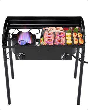 Double Burner Propane Stove with 0-20 PSI Regulator - Perfect for Backyard Cooking, Camping, Home Brewing, Canning, and Turkey Frying