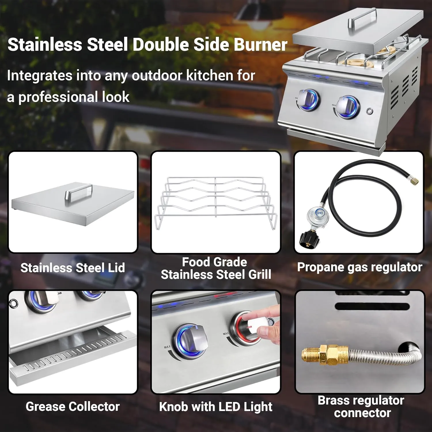 Double Grilling Side Burners for Outdoor Kitchen, 2 * 17,000BTU Liquid Propane Burners, Convertible to Natural Gas, Duty Heavy 304 Stainless Steel, Built-in Side Burner for BBQ Island Grill