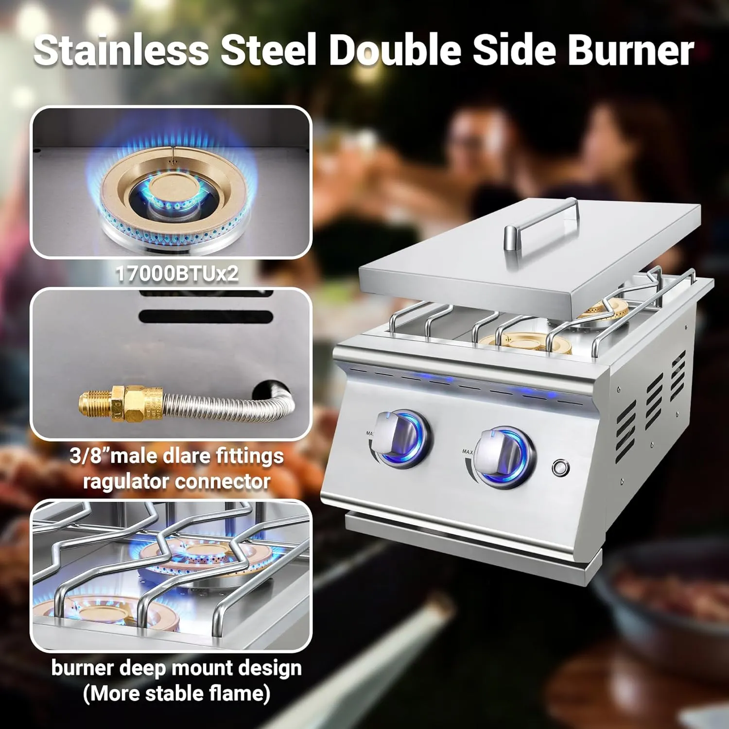 Double Grilling Side Burners for Outdoor Kitchen, 2 * 17,000BTU Liquid Propane Burners, Convertible to Natural Gas, Duty Heavy 304 Stainless Steel, Built-in Side Burner for BBQ Island Grill