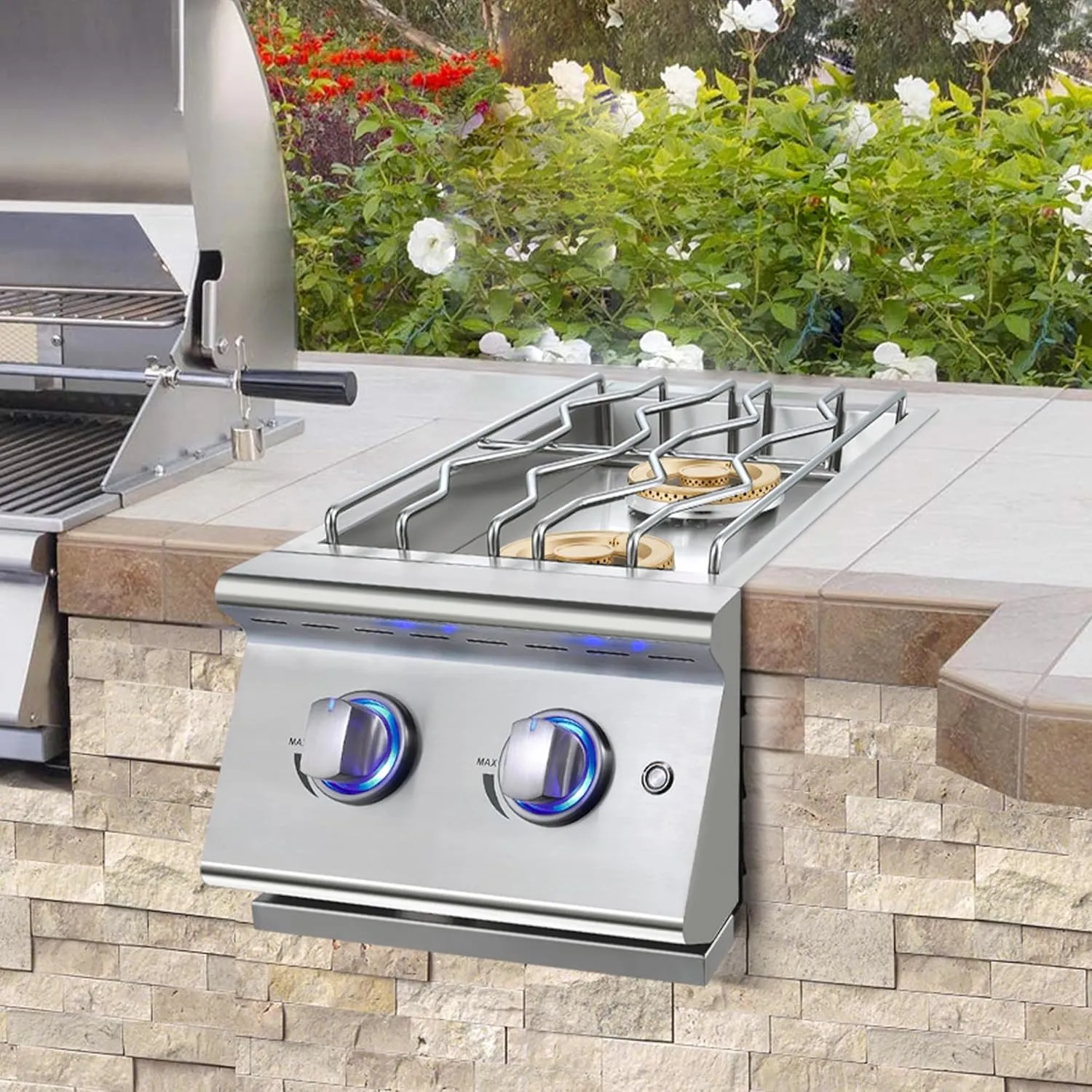 Double Grilling Side Burners for Outdoor Kitchen, 2 * 17,000BTU Liquid Propane Burners, Convertible to Natural Gas, Duty Heavy 304 Stainless Steel, Built-in Side Burner for BBQ Island Grill