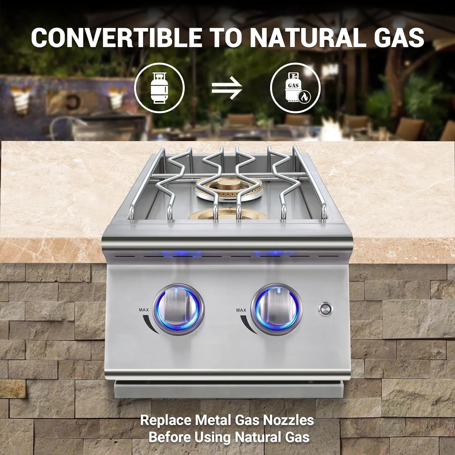 Double Grilling Side Burners for Outdoor Kitchen, 2 * 17,000BTU Liquid Propane Burners, Convertible to Natural Gas, Duty Heavy 304 Stainless Steel, Built-in Side Burner for BBQ Island Grill