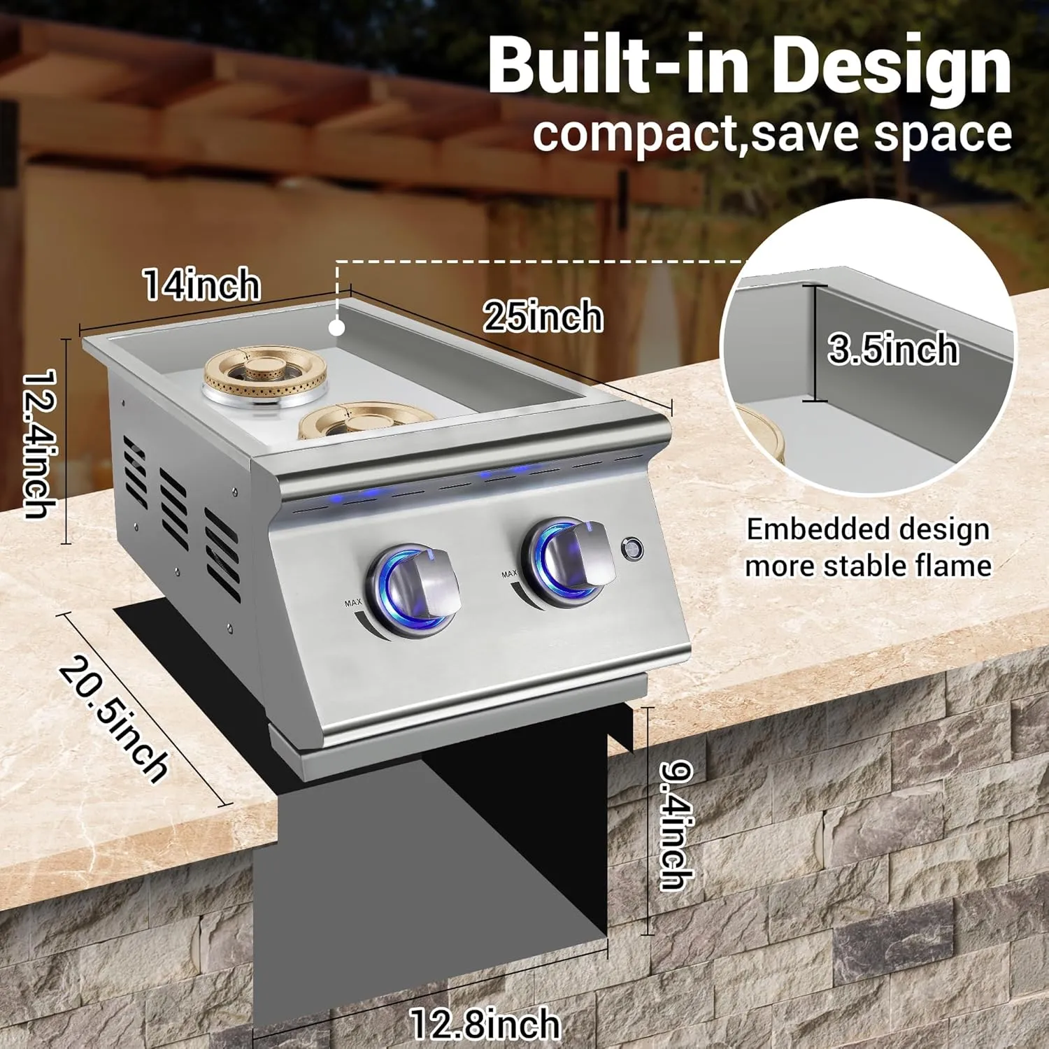 Double Grilling Side Burners for Outdoor Kitchen, 2 * 17,000BTU Liquid Propane Burners, Convertible to Natural Gas, Duty Heavy 304 Stainless Steel, Built-in Side Burner for BBQ Island Grill