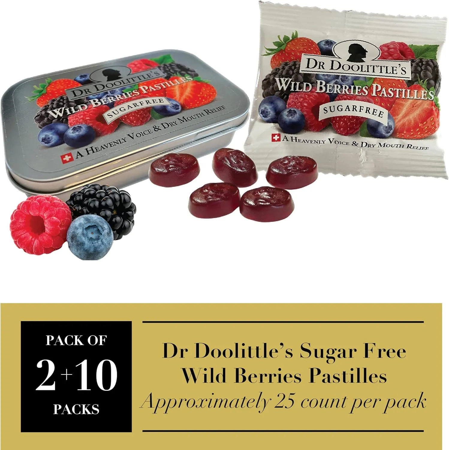Dr Sugar Free Soft Fruit Pastilles for Voice and Throat, Wild Berries Flavor, Multipack of 2.12 Ounce Tin, 2 Pack and .33 Ounce Travel Size Bag, 10 Pack