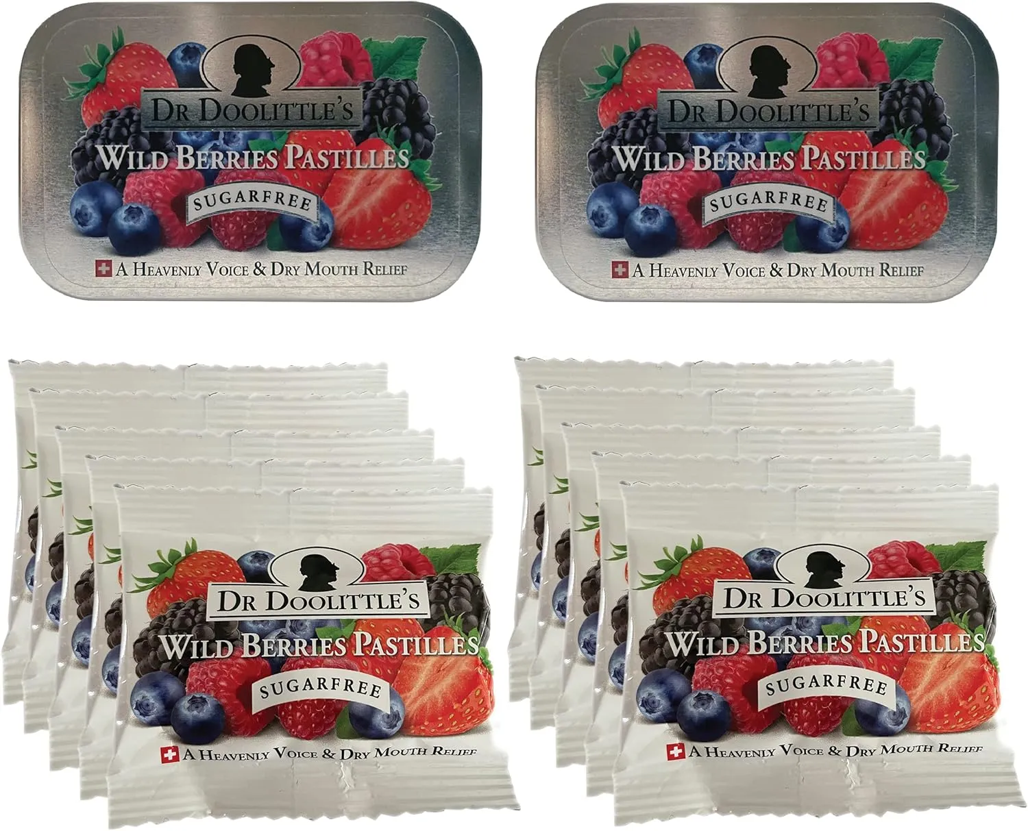 Dr Sugar Free Soft Fruit Pastilles for Voice and Throat, Wild Berries Flavor, Multipack of 2.12 Ounce Tin, 2 Pack and .33 Ounce Travel Size Bag, 10 Pack