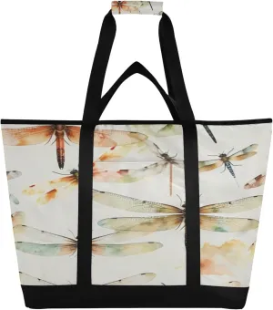 Dragonflies Reusable Insulated Cooler Bag with Ice Pack Compartment - Large 47L Waterproof Thermal Grocery Tote for Picnic Beach Camping Lunch Storage