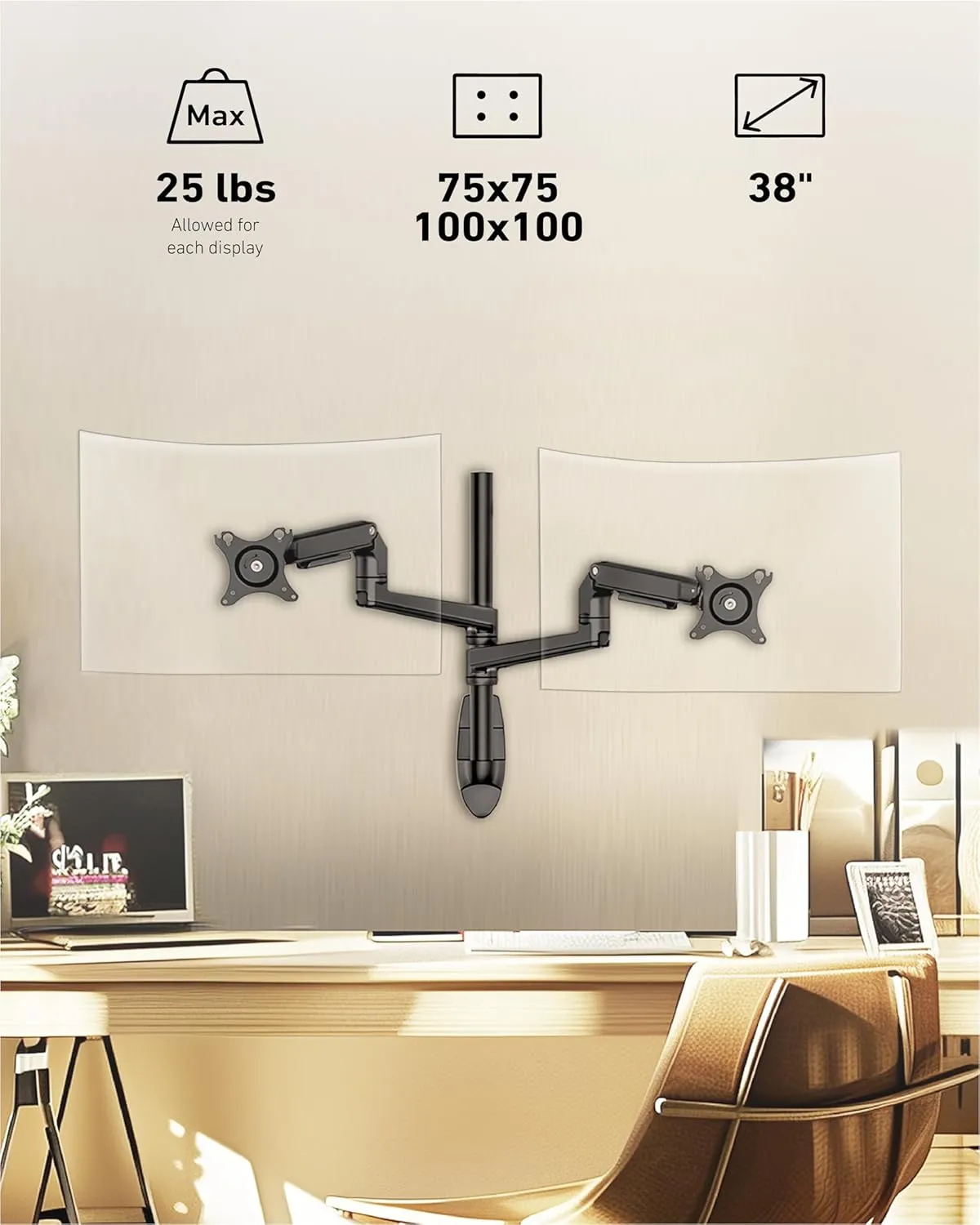 Dual Monitor Wall Mount for Flat or Curved Screens up to 38" Within 25 lbs, Full Motion Adjustable Monitor Arm with Cable Management, VESA 75x75/100x100mm, Black