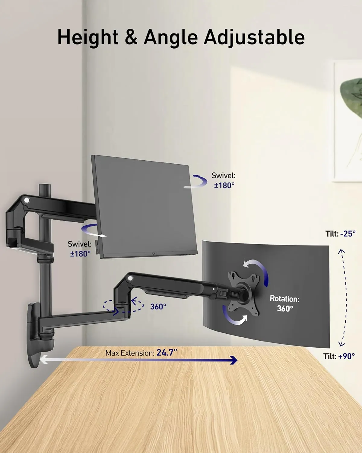 Dual Monitor Wall Mount for Flat or Curved Screens up to 38" Within 25 lbs, Full Motion Adjustable Monitor Arm with Cable Management, VESA 75x75/100x100mm, Black