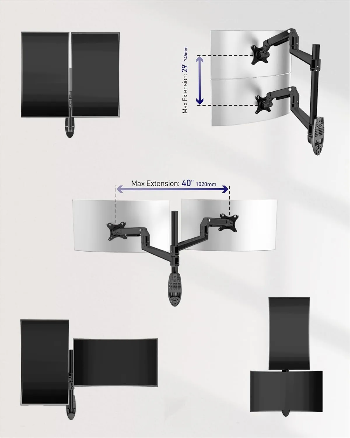Dual Monitor Wall Mount for Flat or Curved Screens up to 38" Within 25 lbs, Full Motion Adjustable Monitor Arm with Cable Management, VESA 75x75/100x100mm, Black