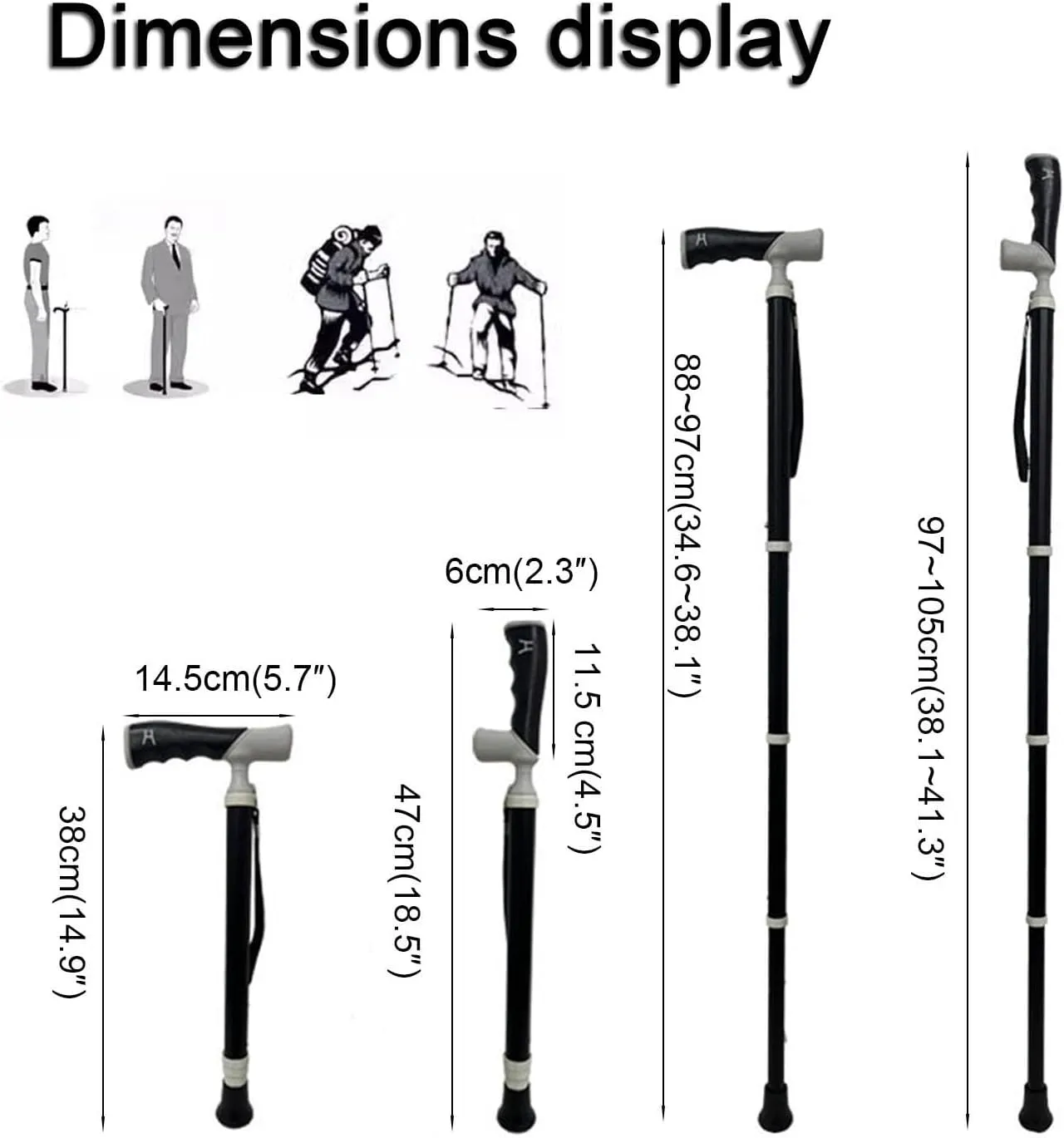 Dual-Purpose Hiking Pole Four-Section Telescopic Hiking Crutch for Hiking Mountaineering Trail Travel Storage Size 15.1" Cane(A,38~105cm)