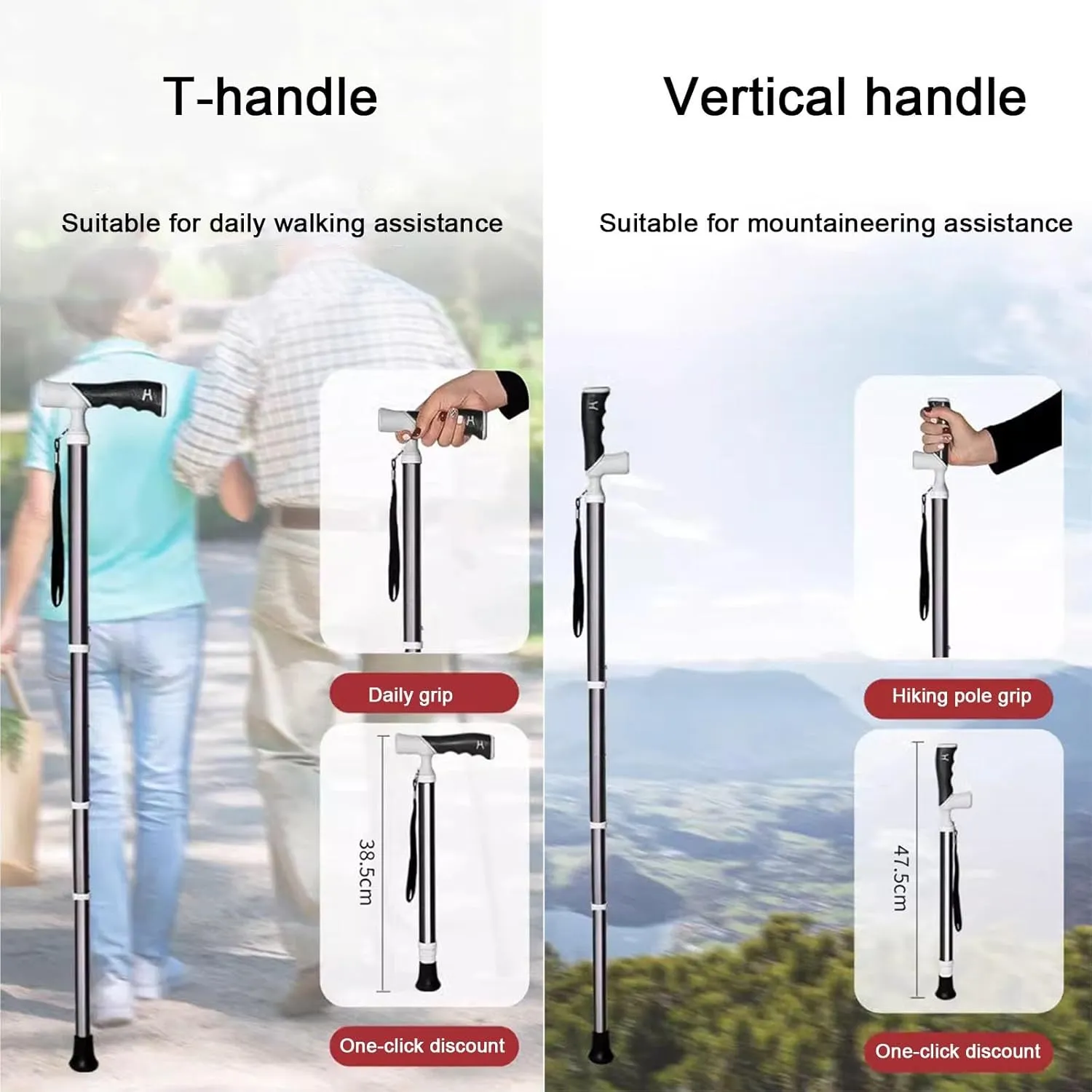 Dual-Purpose Hiking Pole Four-Section Telescopic Hiking Crutch for Hiking Mountaineering Trail Travel Storage Size 15.1" Cane(A,38~105cm)