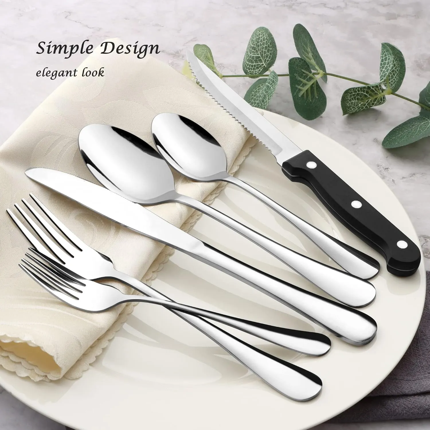 E-far 48-Piece Silverware Set with Steak Knives, Stainless Steel Flatware Cutlery Set Eating Utensils for 8, Spoons Forks Knives for Home Kitchen, Simple Design & Mirror Finish, Dishwasher Safe