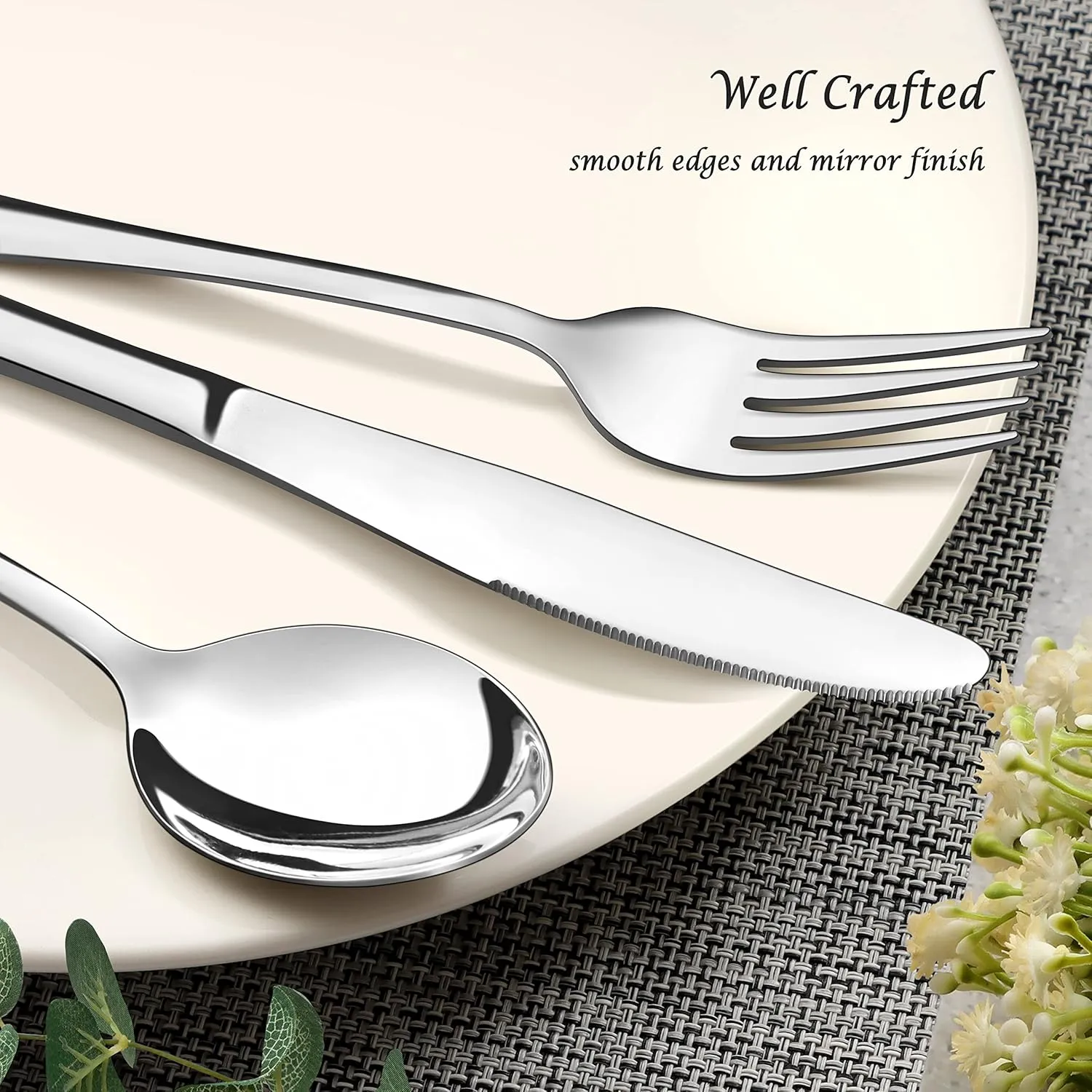 E-far 48-Piece Silverware Set with Steak Knives, Stainless Steel Flatware Cutlery Set Eating Utensils for 8, Spoons Forks Knives for Home Kitchen, Simple Design & Mirror Finish, Dishwasher Safe