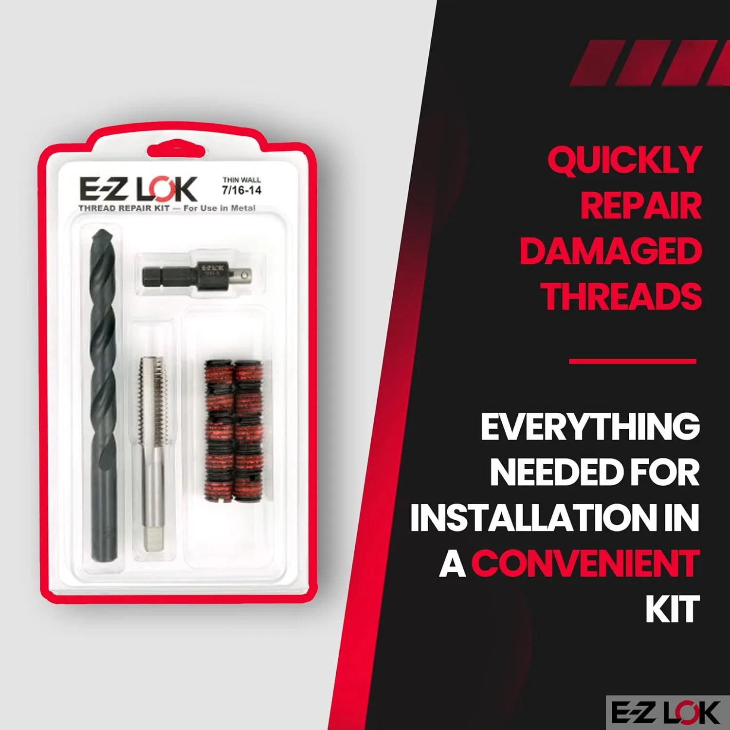 E-Z LOK EZ-310-7 Thread Repair Kit for Metal Carbon Steel Threaded Inserts 7/16-14 and Installation Tools